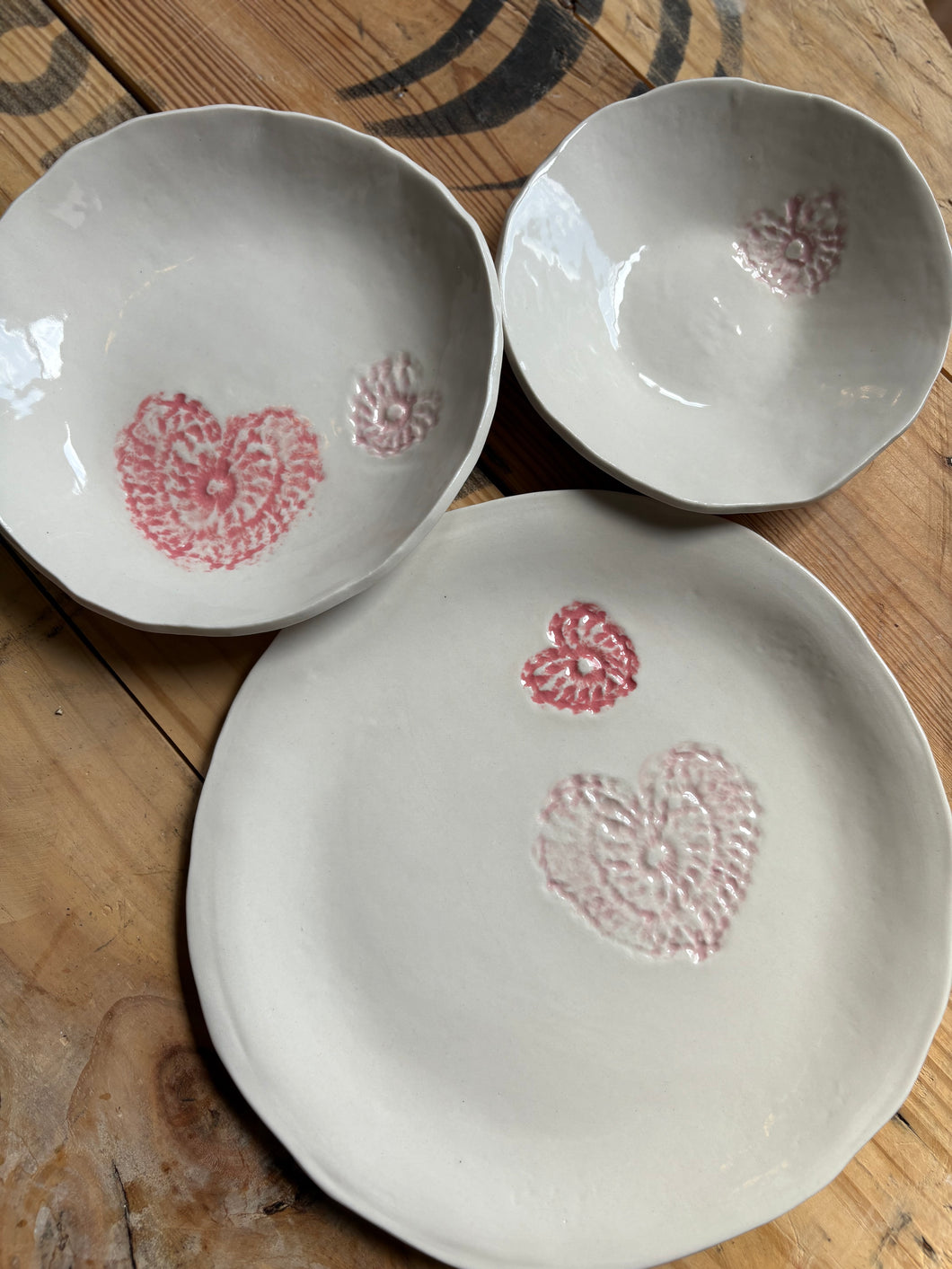 Crocheted Heart Plate Set