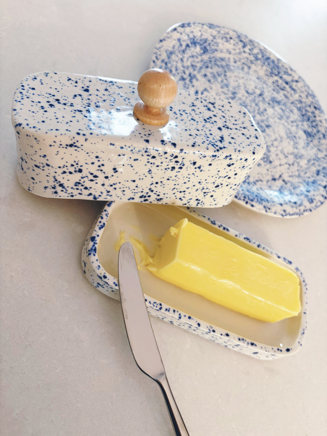 Blue Splatter Butter Dish