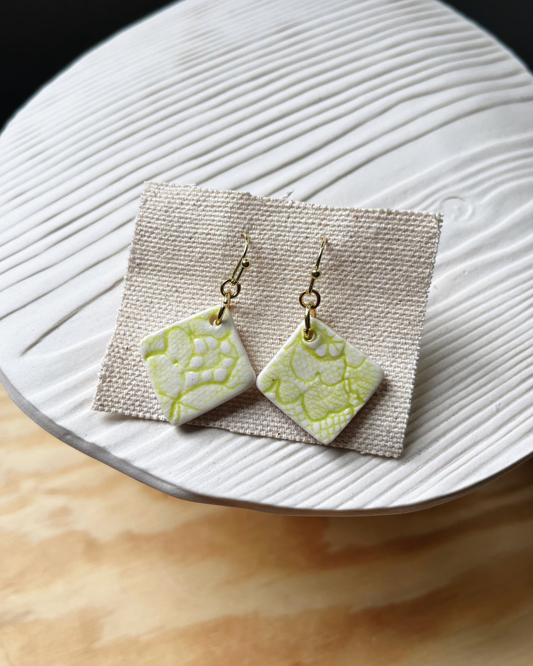 Chartreuse Lace Square Earrings